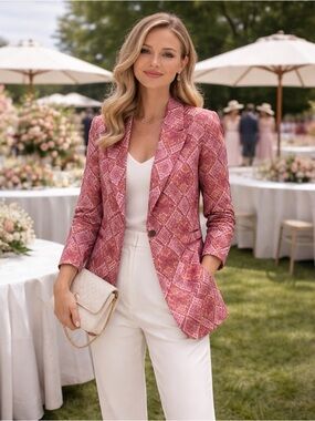 SEE U SOON Women’s Printed Blazer Brick Red Geometric Pattern Size Small NWT